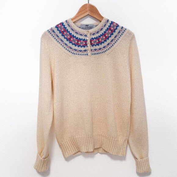 Vintage Susan Bristol Cream Shetland Wool Fair Isle Henley Sweater Size Large - Picture 1 of 16